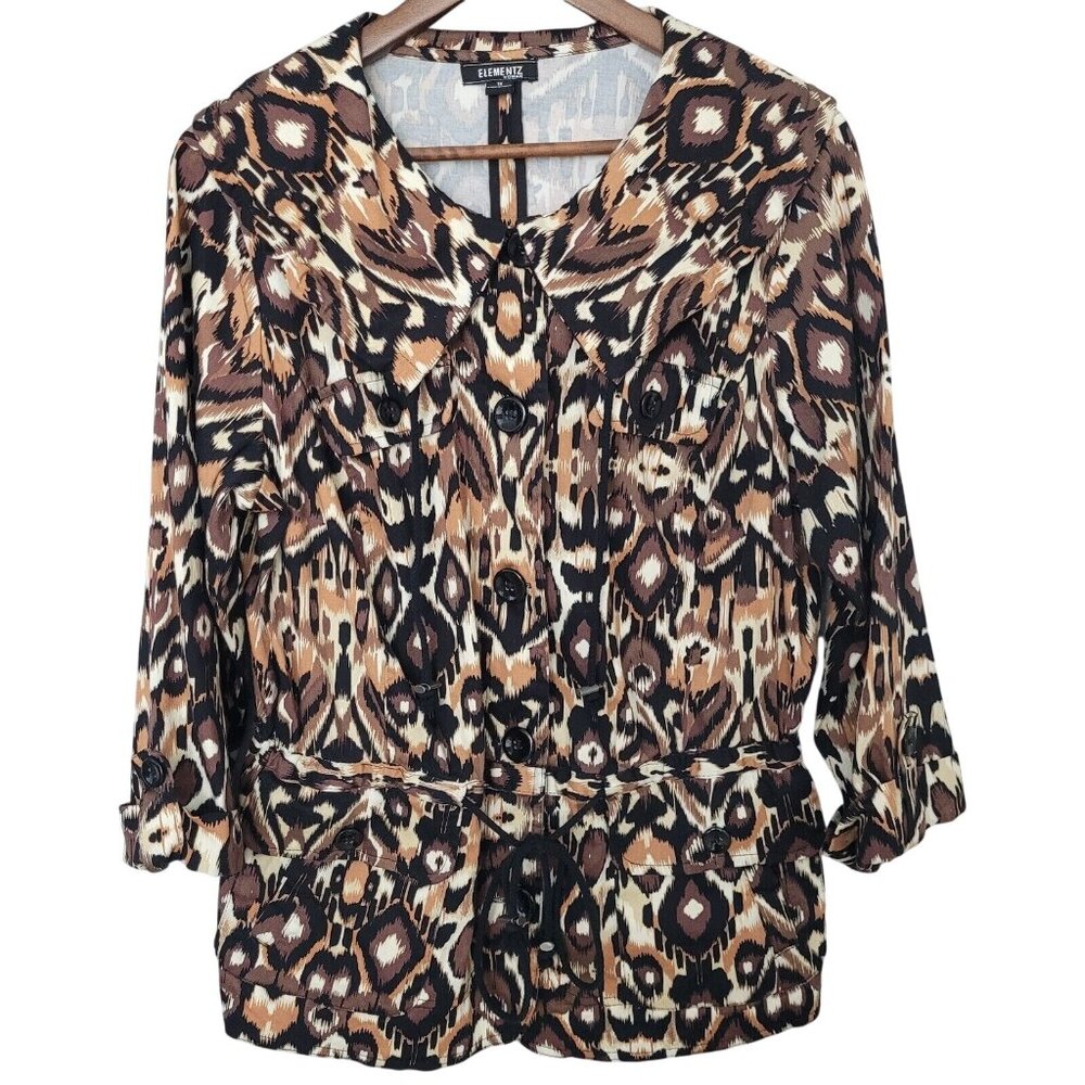 Elementz Animal Print Button Front Jacket Womens Size 1X Pockets 3/4 Sleeves
